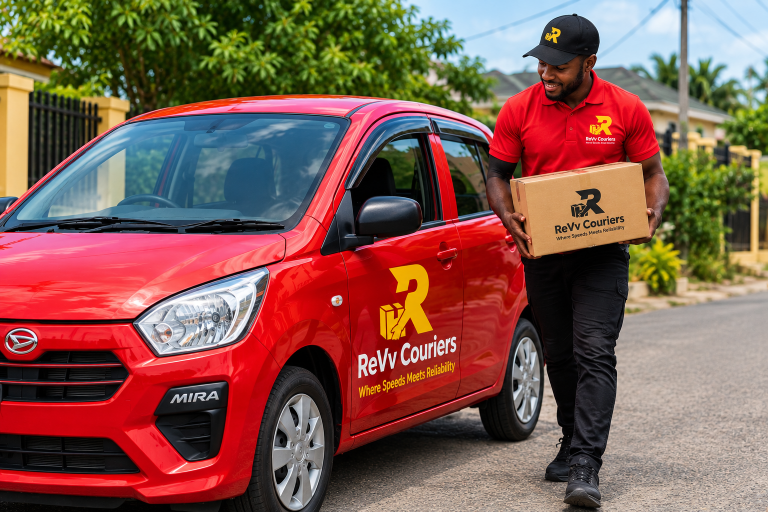 Compact delivery car being loaded with parcels in Jamaica